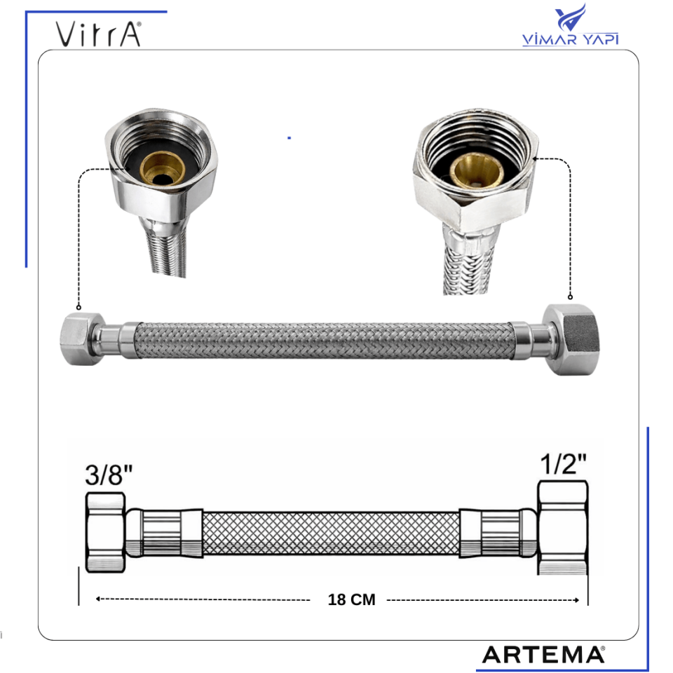 436731YP VitrA-1/2''x3/8'' Çelik Örgülü Flex hortum 18 Cm